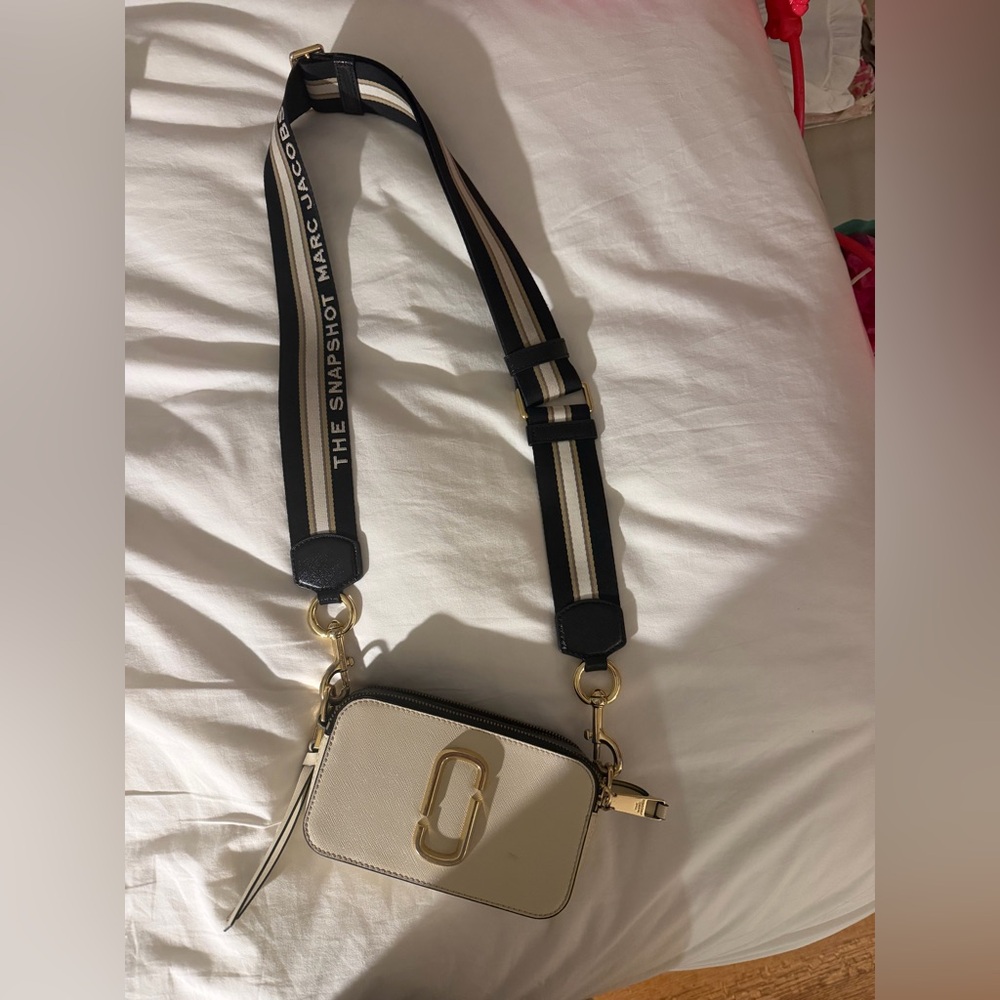 Marc Jacobs Cream Snapshot Crossbody with Striped Logo Strap